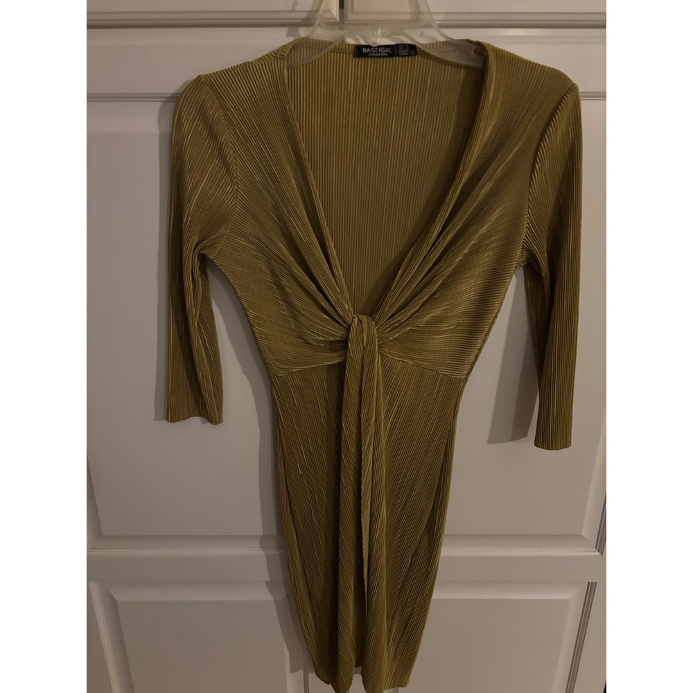 NASTYGAL COLLECTION Gold Plated Pleated Twist Front Dress Long Sleeve Women US 2